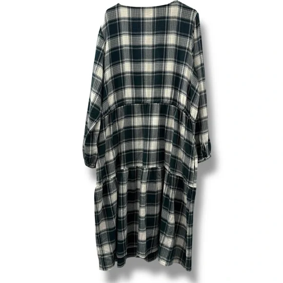 Knox Rose Green & Ivory Plaid Button-Front‎ Long Sleeve Midi Dress Sz 2X Plus - Picture 6 of 16